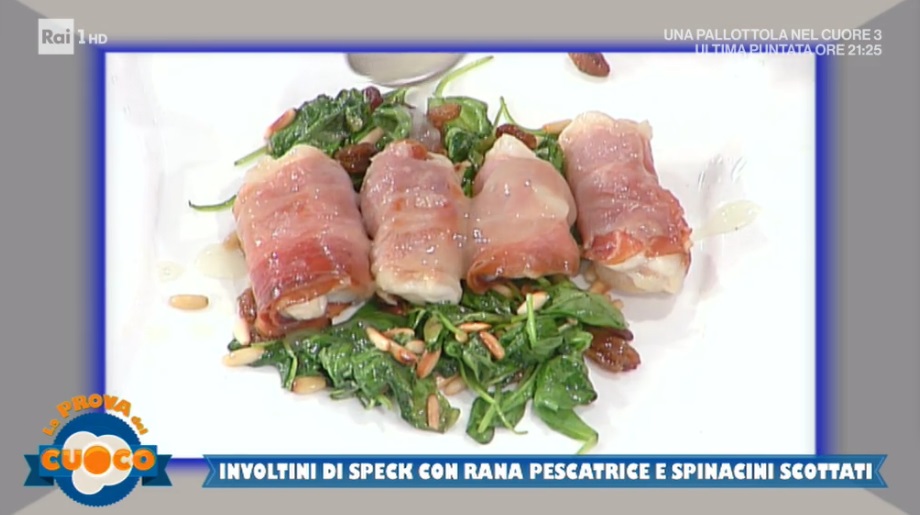 involtini di speck con rana pescatrice e spinaci