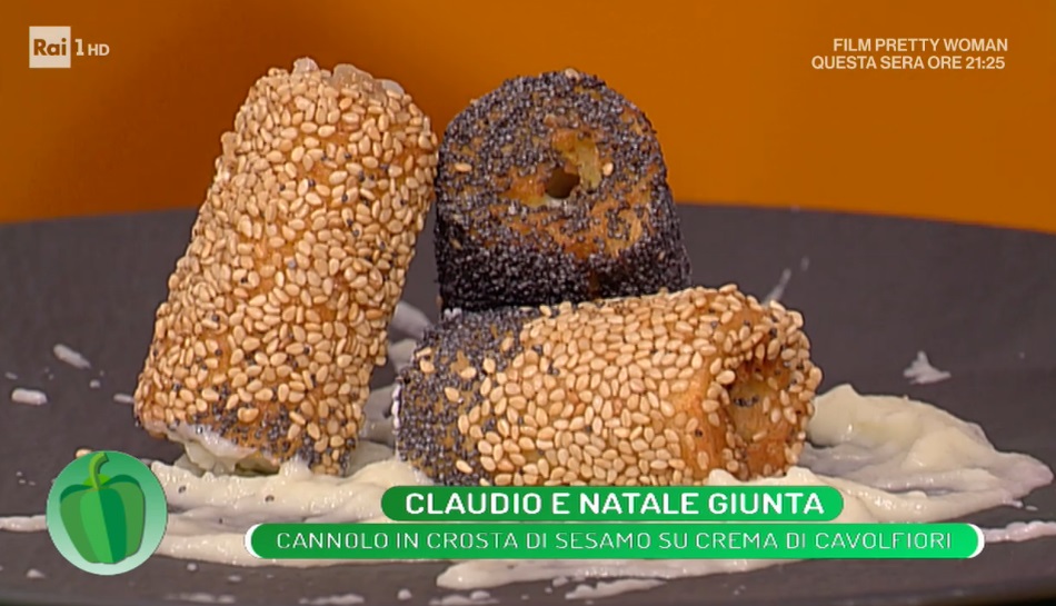 cannolo in crosta di sesamo su crema di cavolfiori di Natale Giunta